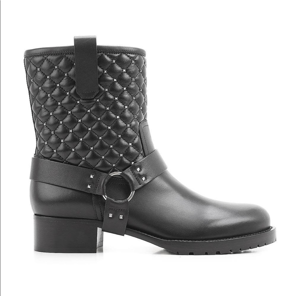 VALENTINO WOMEN'S LEATHER ROCKSTUD SPIKE QUILTED BOOT BLACK 38/8